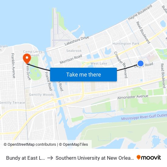 Bundy at East Lake Apts. to Southern University at New Orleans - Park Campus map