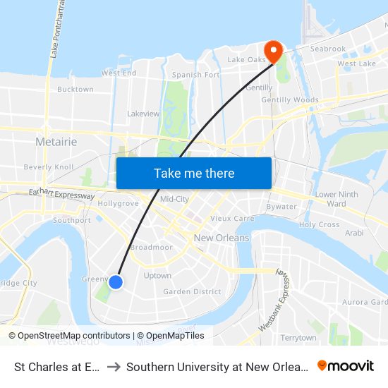 St Charles at Exposition to Southern University at New Orleans - Park Campus map