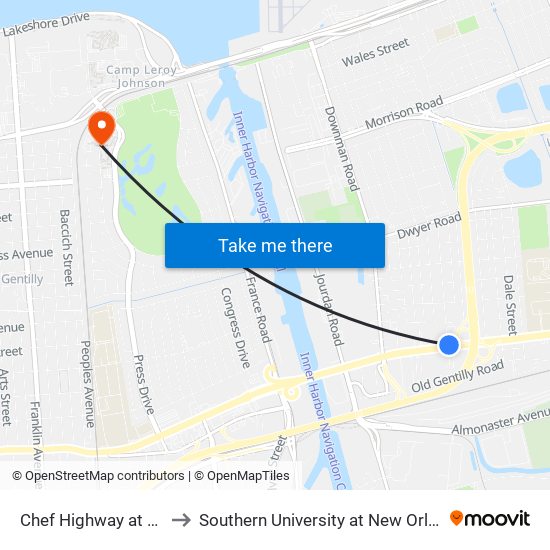 Chef Highway at Majestic Oak to Southern University at New Orleans - Park Campus map