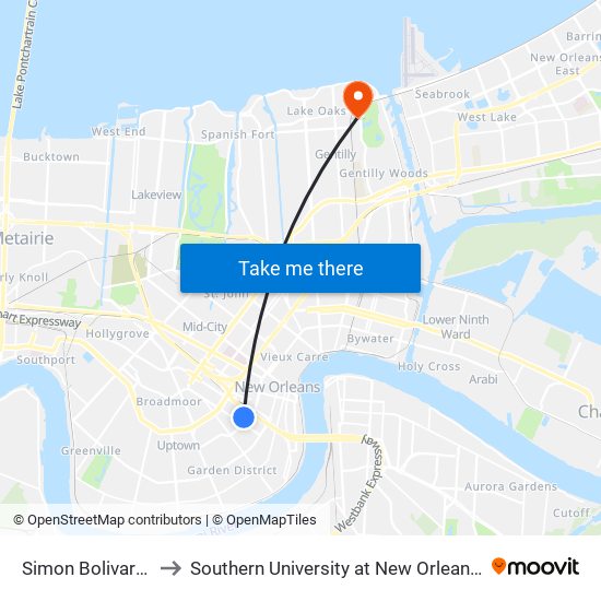 Simon Bolivar at Erato to Southern University at New Orleans - Park Campus map