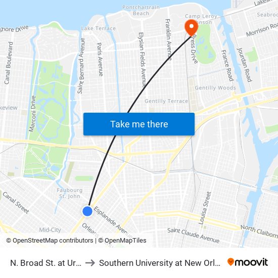 N. Broad St. at Ursulines Ave. to Southern University at New Orleans - Park Campus map