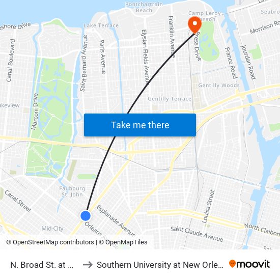 N. Broad St. at Dumaine St. to Southern University at New Orleans - Park Campus map