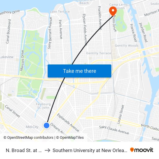 N. Broad St. at Lafitte St. to Southern University at New Orleans - Park Campus map