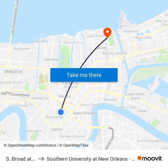 S. Broad at Erato to Southern University at New Orleans - Park Campus map