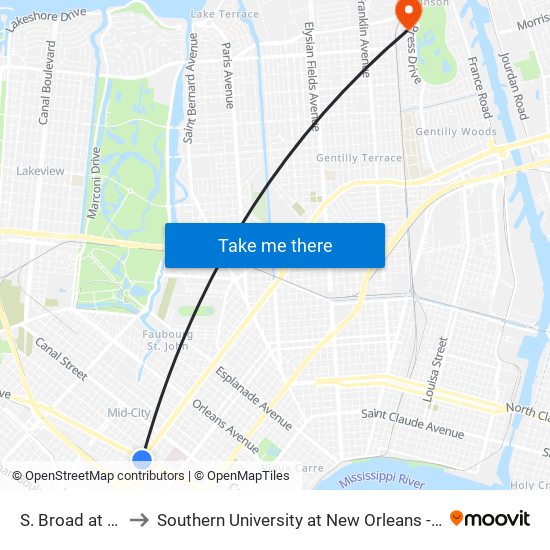S. Broad at Tulane to Southern University at New Orleans - Park Campus map