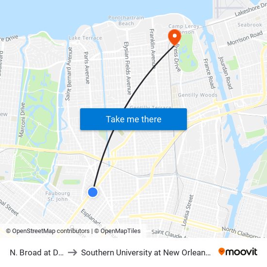 N. Broad at D'Abadie to Southern University at New Orleans - Park Campus map