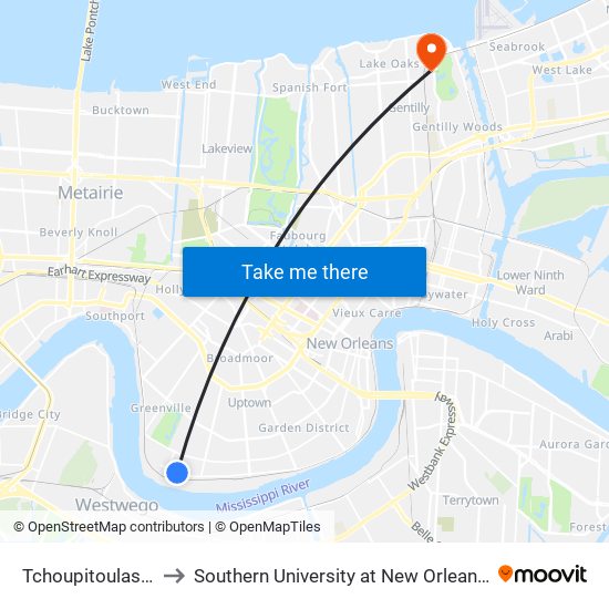 Tchoupitoulas at State to Southern University at New Orleans - Park Campus map