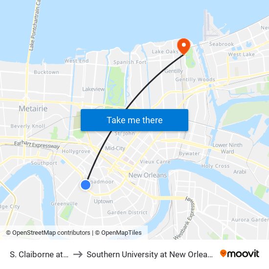 S. Claiborne at Calhoun to Southern University at New Orleans - Park Campus map