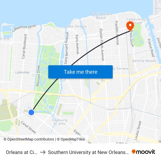 Orleans at City Park to Southern University at New Orleans - Park Campus map