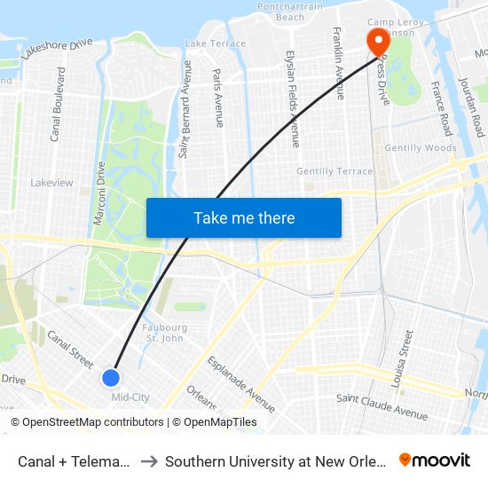 Canal + Telemachus (Out) to Southern University at New Orleans - Park Campus map