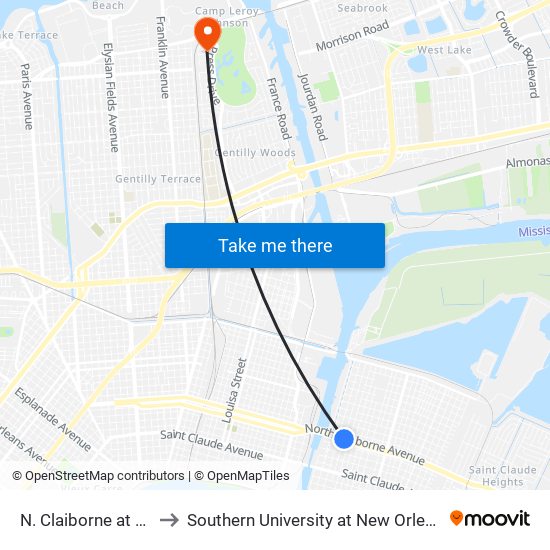 N. Claiborne at Tennessee to Southern University at New Orleans - Park Campus map