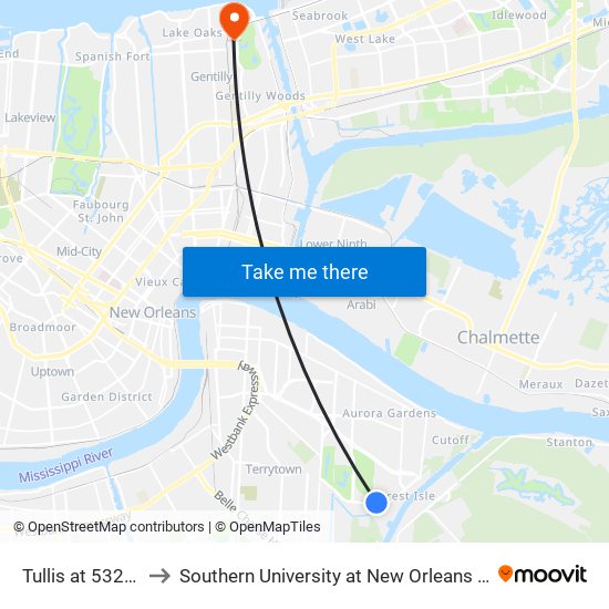 Tullis at 5320 Tullis to Southern University at New Orleans - Park Campus map