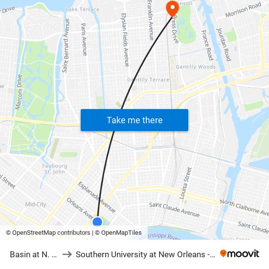 Basin at N. Villere to Southern University at New Orleans - Park Campus map