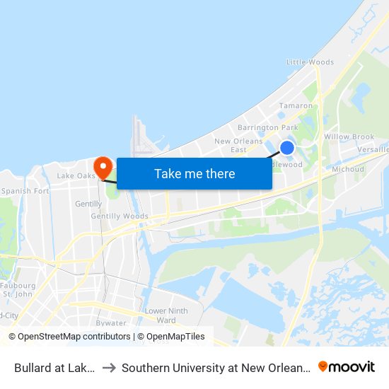 Bullard at Lake Forest to Southern University at New Orleans - Park Campus map