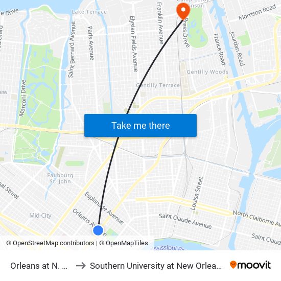 Orleans at N. Claiborne to Southern University at New Orleans - Park Campus map