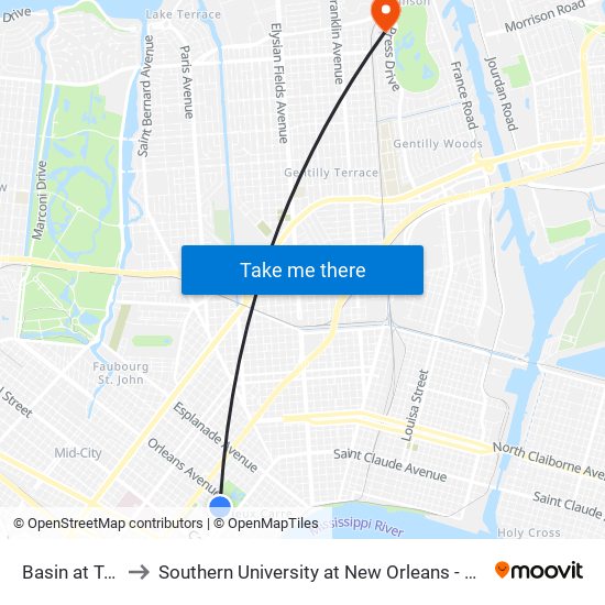 Basin at Treme to Southern University at New Orleans - Park Campus map