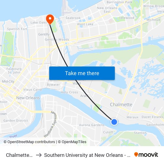 Chalmette Ferry to Southern University at New Orleans - Park Campus map