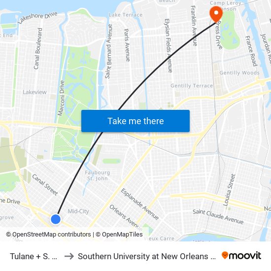 Tulane + S. Genois to Southern University at New Orleans - Park Campus map