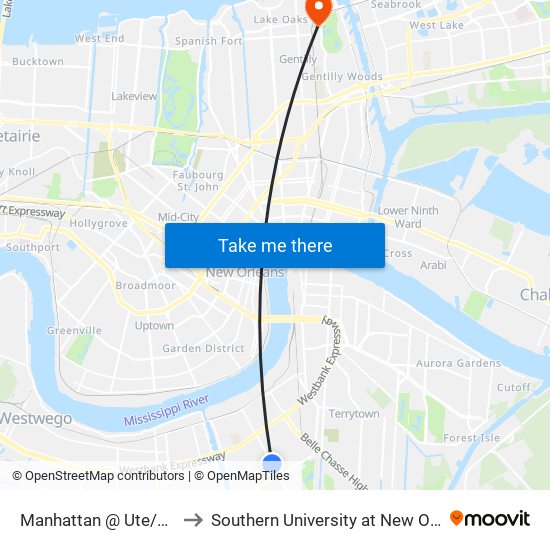 Manhattan @ Ute/Gretna Walmart to Southern University at New Orleans - Park Campus map