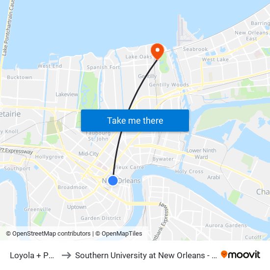 Loyola + Perdido to Southern University at New Orleans - Park Campus map