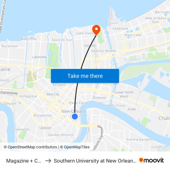 Magazine + Capdeville to Southern University at New Orleans - Park Campus map