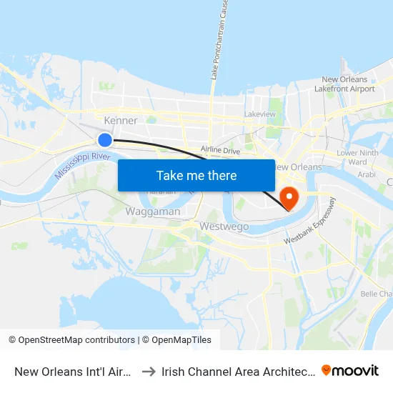 New Orleans Int'l Airport (MSY) to Irish Channel Area Architectural District map
