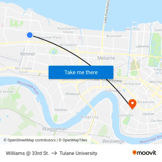Williams @ 33rd St. to Tulane University map