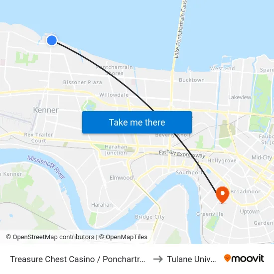 Treasure Chest Casino / Ponchartrain Center to Tulane University map