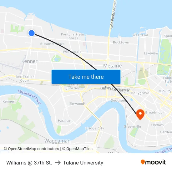 Williams @ 37th St. to Tulane University map