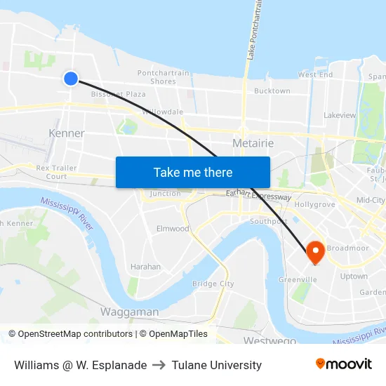 Williams @ W. Esplanade to Tulane University map