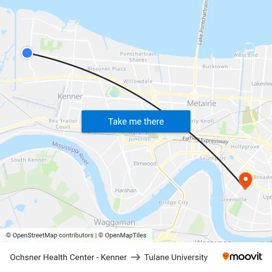 Ochsner Health Center - Kenner to Tulane University map