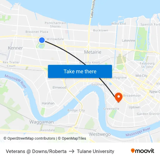Veterans @ Downs/Roberta to Tulane University map