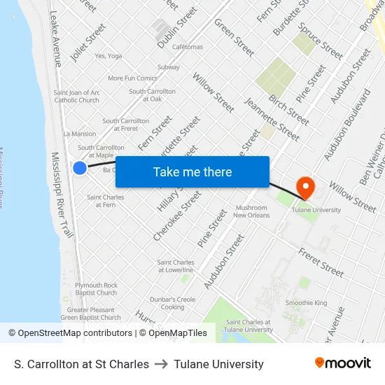 S. Carrollton at St Charles to Tulane University map