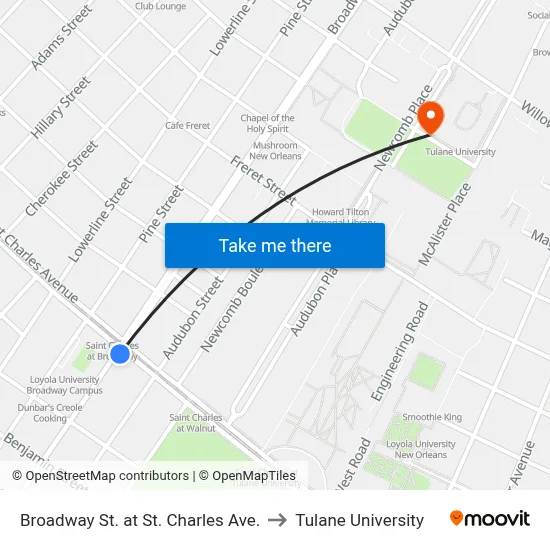 Broadway St. at St. Charles Ave. to Tulane University map