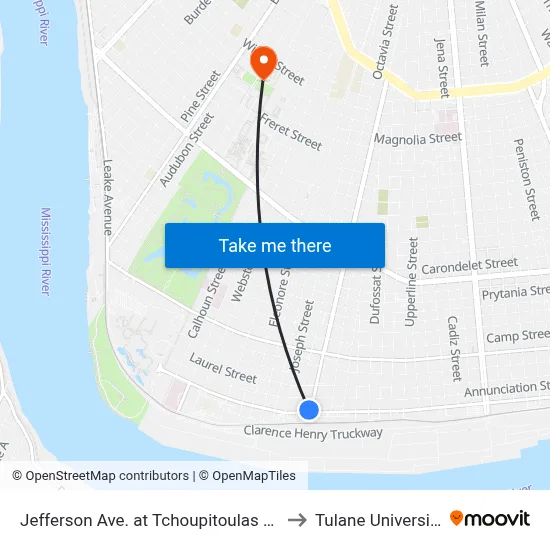 Jefferson Ave. at Tchoupitoulas St. to Tulane University map