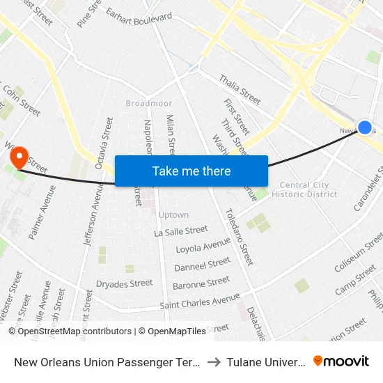 New Orleans Union Passenger Terminal to Tulane University map