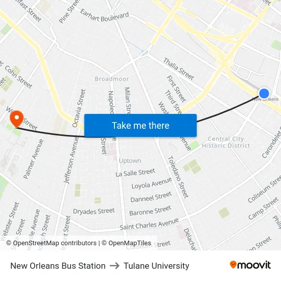 New Orleans Bus Station to Tulane University map