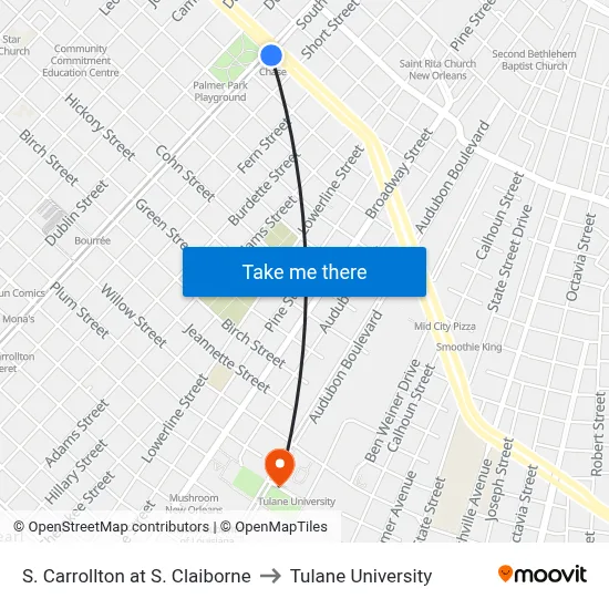 S. Carrollton at S. Claiborne to Tulane University map