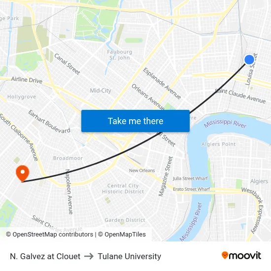 N. Galvez at Clouet to Tulane University map