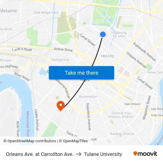 Orleans Ave. at Carrollton Ave. to Tulane University map
