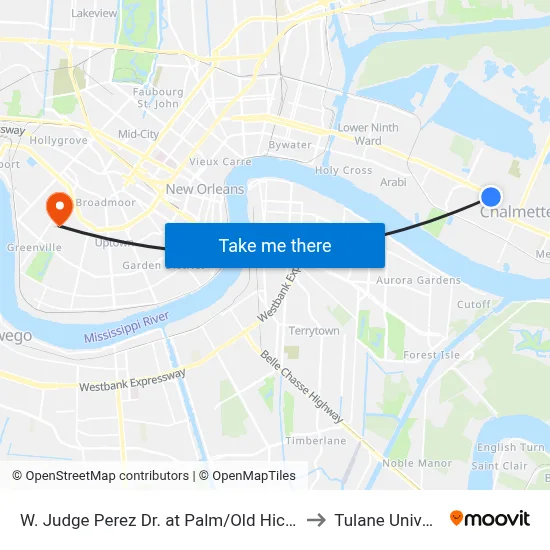 W. Judge Perez Dr. at Palm/Old Hickory Ave. to Tulane University map