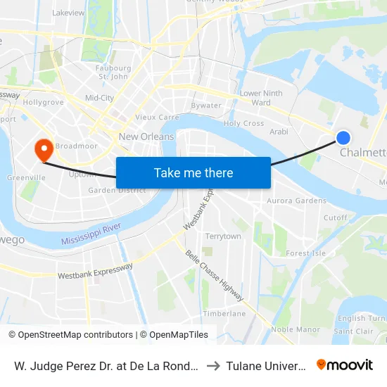 W. Judge Perez Dr. at De La Ronde Dr. to Tulane University map