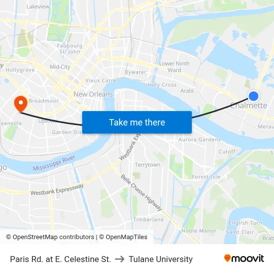 Paris Rd. at E. Celestine St. to Tulane University map