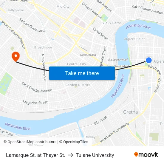 Lamarque St. at Thayer St. to Tulane University map