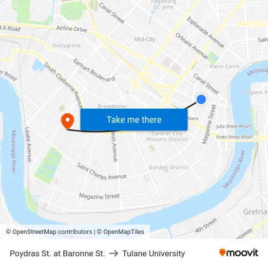 Poydras St. at Baronne St. to Tulane University map