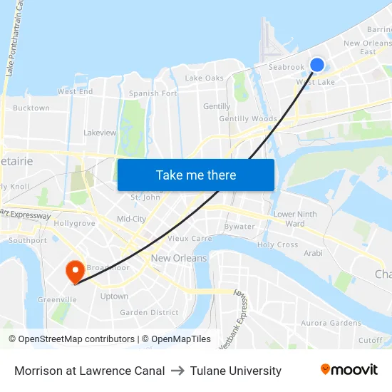 Morrison at Lawrence Canal to Tulane University map