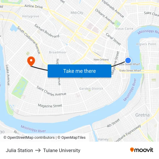 Julia Station to Tulane University map