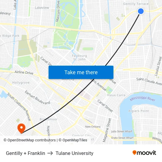 Gentilly + Franklin to Tulane University map