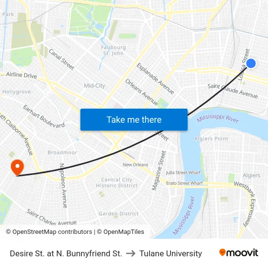 Desire St. at N. Bunnyfriend St. to Tulane University map