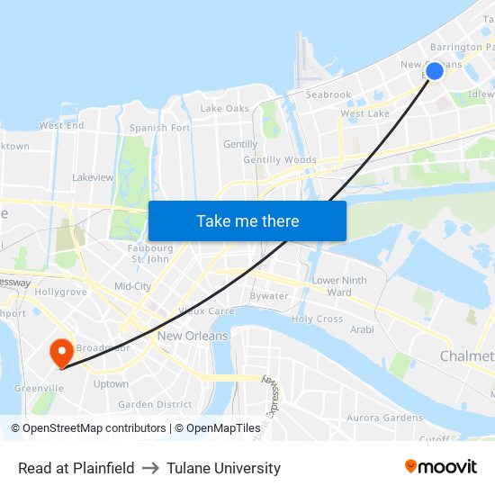 Read at Plainfield to Tulane University map